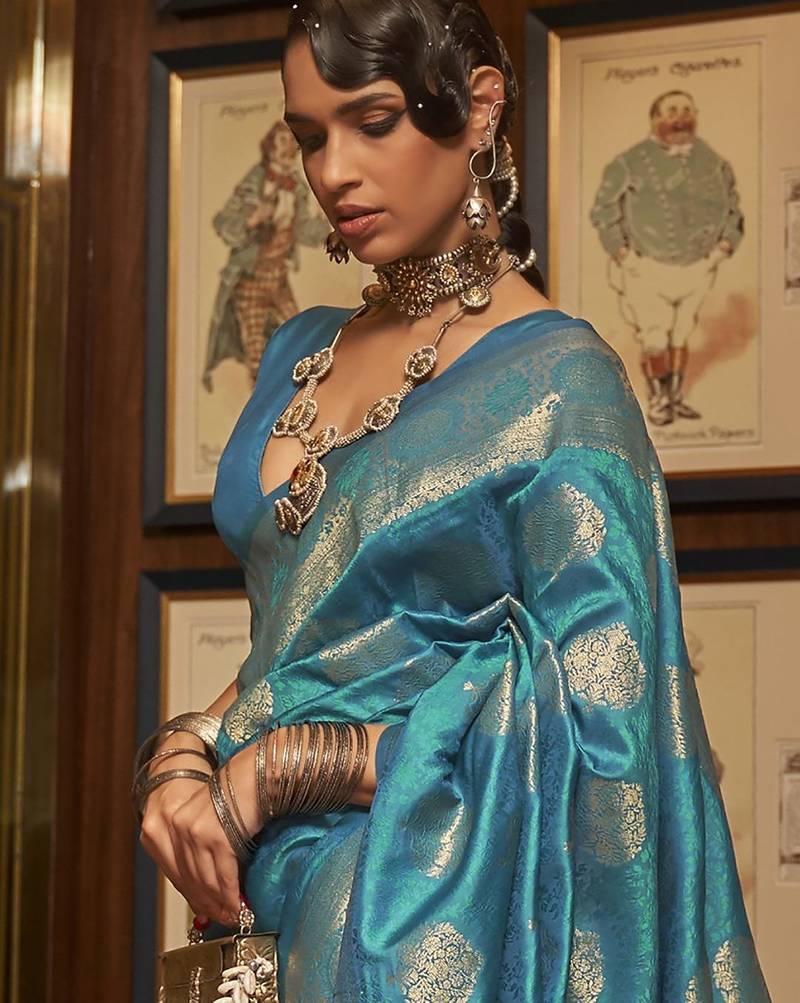 blue ethnic motif zari woven banarasi saree