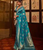 blue blue & gold-toned woven design zari silk blend banarasi saree