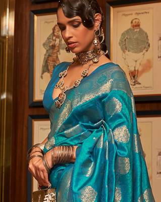 blue blue & gold-toned woven design zari silk blend banarasi saree 2