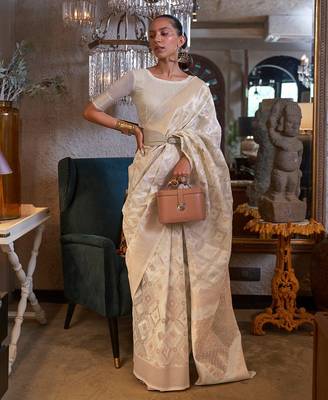 off_white off white gold-toned ethnic woven design zari poly linen banarasi saree 1