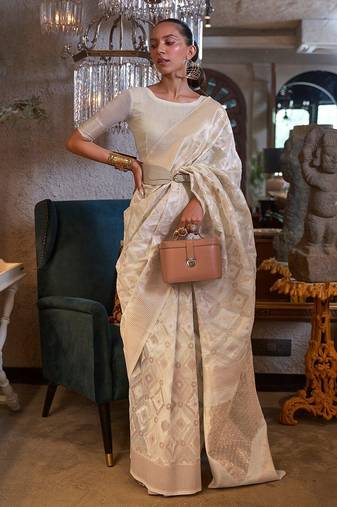 off_white off white gold-toned ethnic woven design zari poly linen banarasi saree