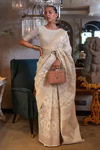 off_white off white gold-toned ethnic woven design zari poly linen banarasi saree