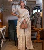 off_white off white gold-toned ethnic woven design zari poly linen banarasi saree