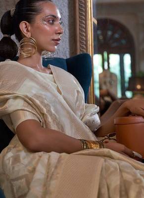 off_white off white gold-toned ethnic woven design zari poly linen banarasi saree 2
