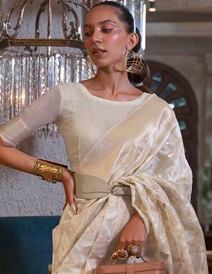 off_white off white gold-toned ethnic woven design zari poly linen banarasi saree 3