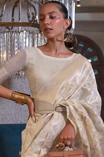 off_white off white gold-toned ethnic woven design zari poly linen banarasi saree
