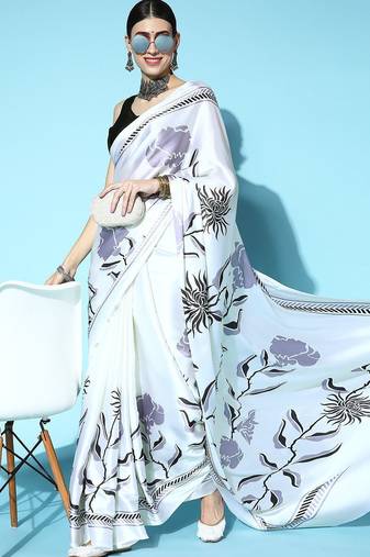 off_white off white & black floral satin saree