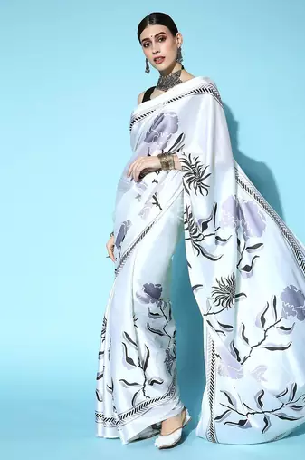off_white off white & black floral satin saree