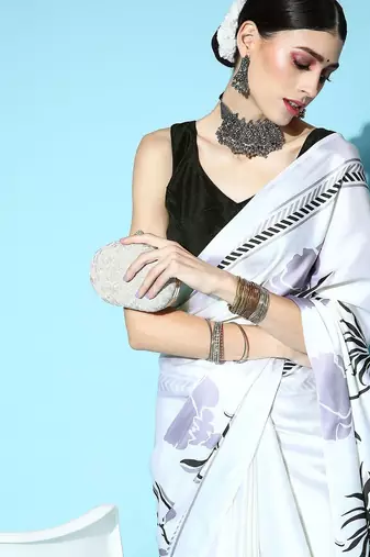 off_white off white & black floral satin saree