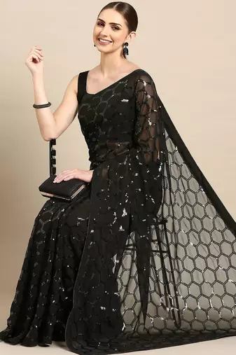 black geometric sequinned saree