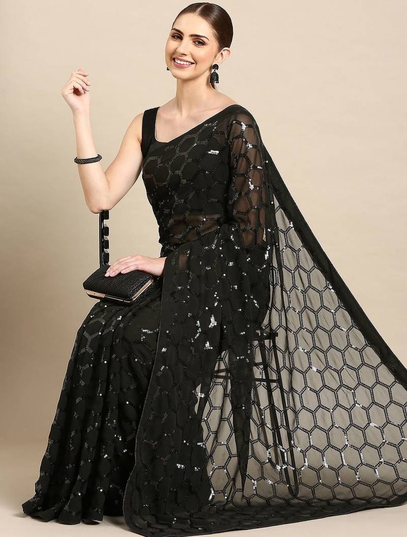 black geometric sequinned saree