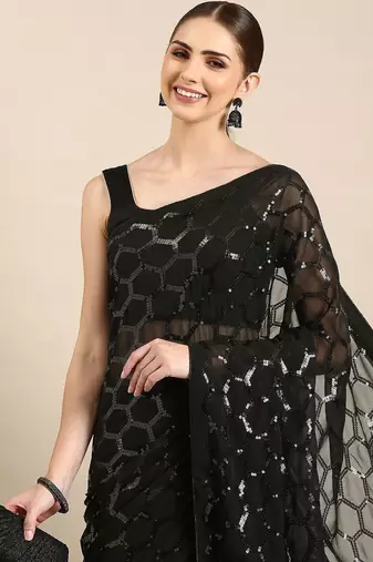 black geometric sequinned saree