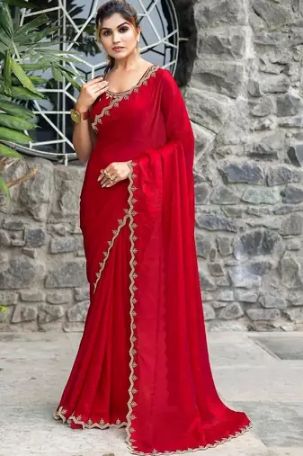 red woven design embroidered satin saree