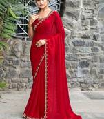 red woven design embroidered satin saree