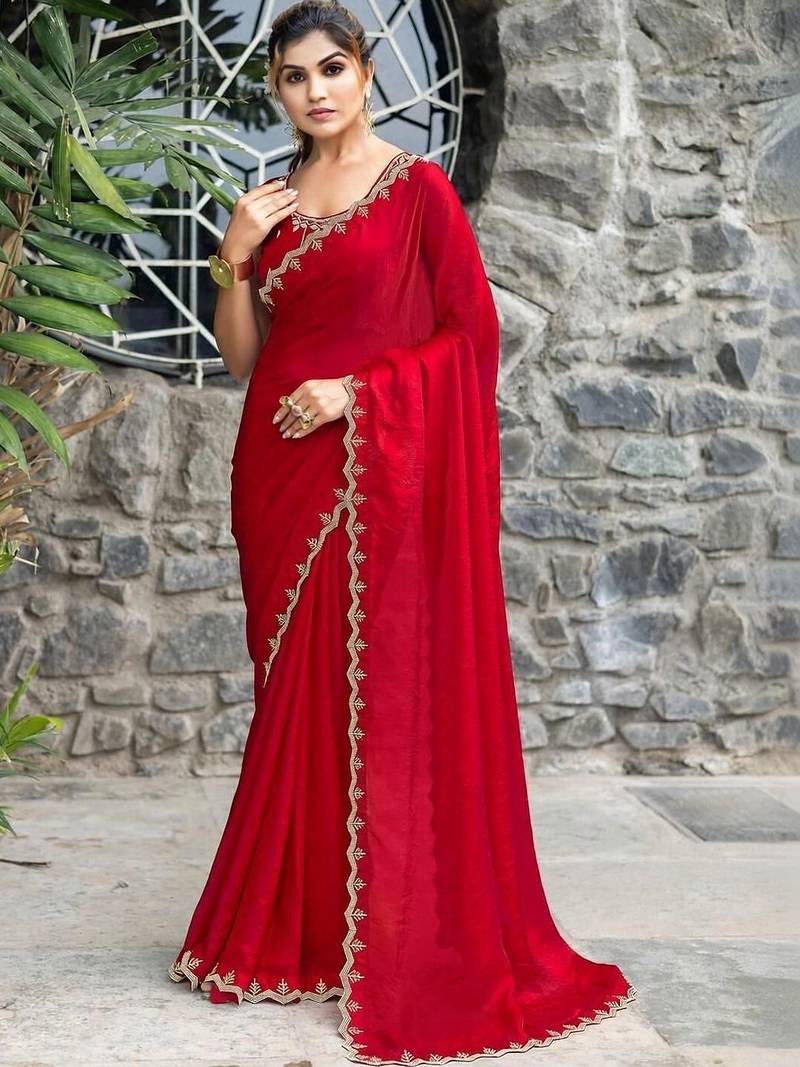 red woven design embroidered satin saree