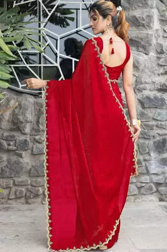 red woven design embroidered satin saree