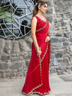 red woven design embroidered satin saree 3