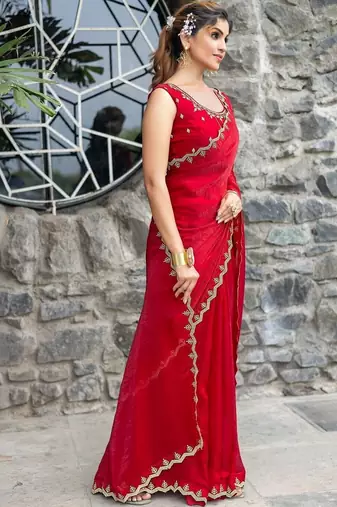 red woven design embroidered satin saree