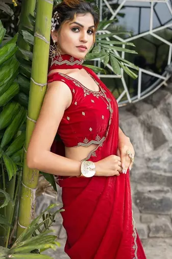 red woven design embroidered satin saree