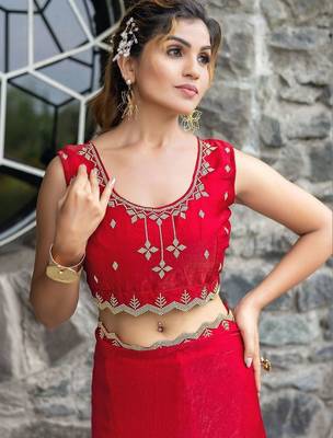 red woven design embroidered satin saree 5