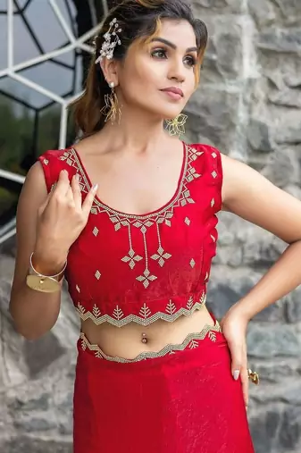 red woven design embroidered satin saree