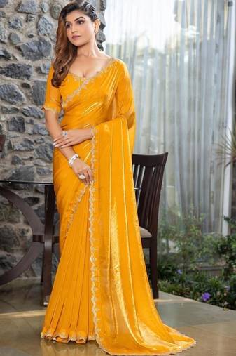 mustard woven design embroidered satin saree
