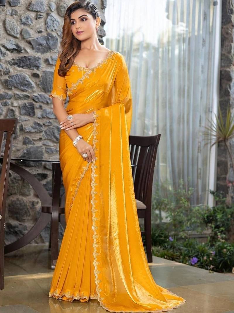 mustard woven design embroidered satin saree