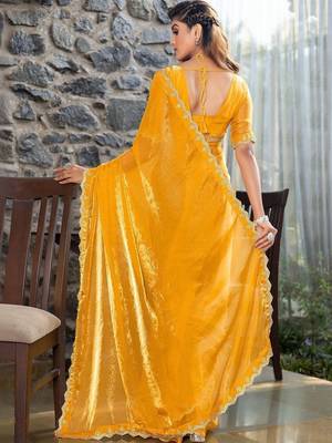 mustard woven design embroidered satin saree 2