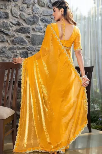mustard woven design embroidered satin saree