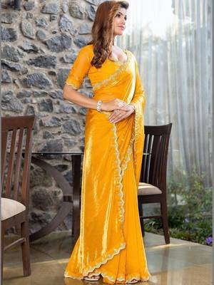 mustard woven design embroidered satin saree 3