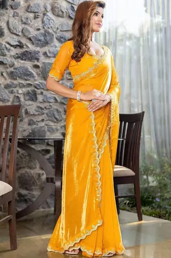 mustard woven design embroidered satin saree