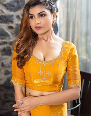 mustard woven design embroidered satin saree 5