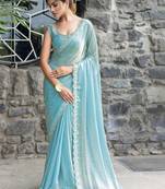 turquoise woven design beads and stones satin saree