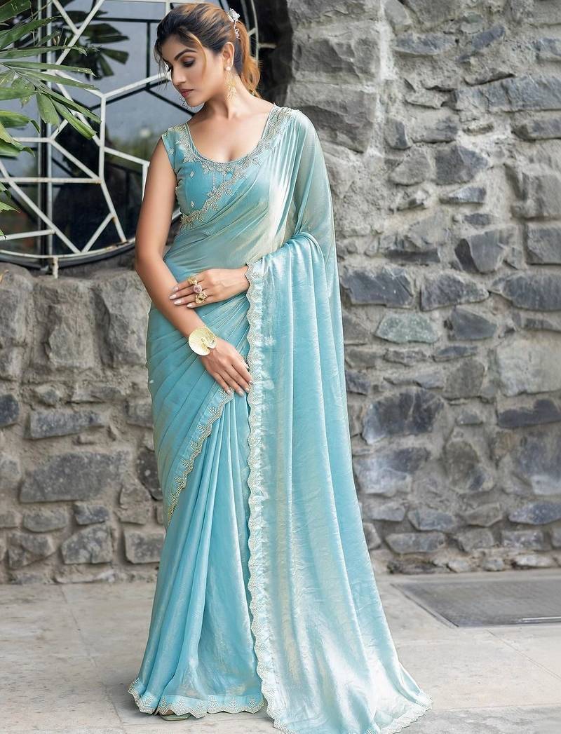 turquoise woven design beads and stones satin saree