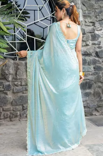 turquoise woven design beads and stones satin saree