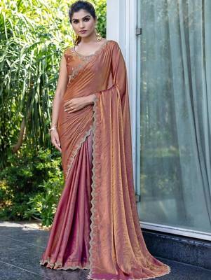 brown woven design embroidered satin saree 1