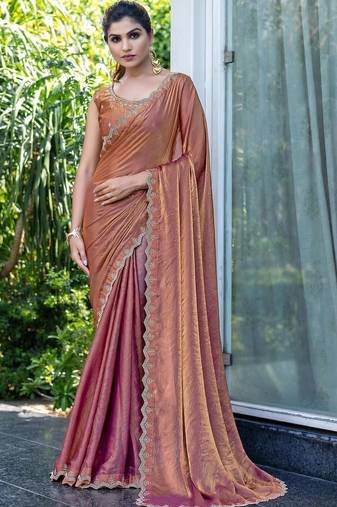 brown woven design embroidered satin saree