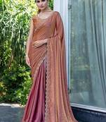 brown woven design embroidered satin saree