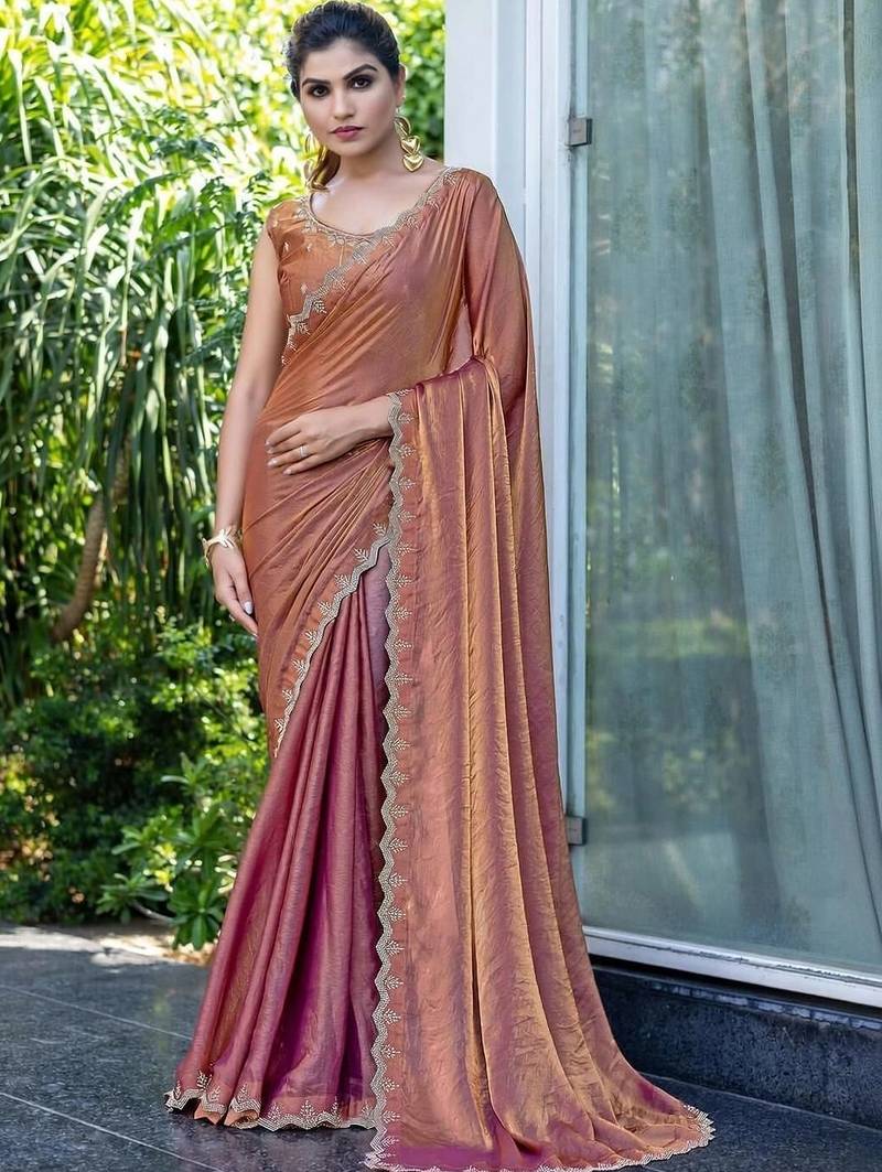 brown woven design embroidered satin saree