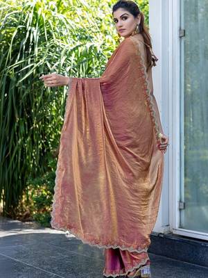 brown woven design embroidered satin saree 2