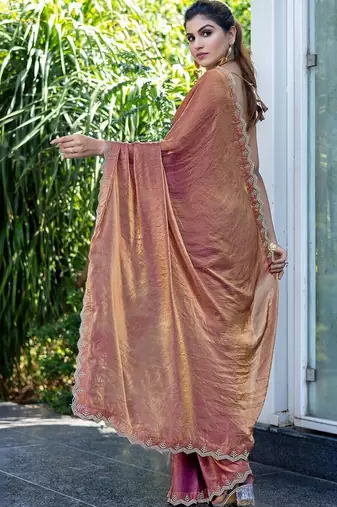 brown woven design embroidered satin saree