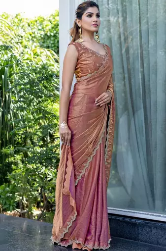 brown woven design embroidered satin saree