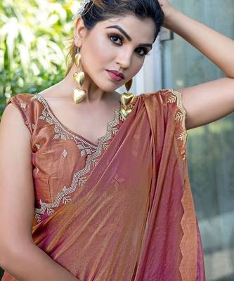 brown woven design embroidered satin saree 4