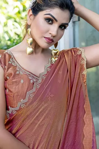 brown woven design embroidered satin saree
