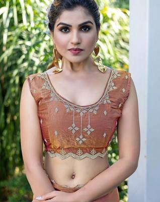 brown woven design embroidered satin saree 5