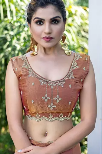 brown woven design embroidered satin saree