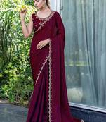 maroon woven design embroidered satin saree