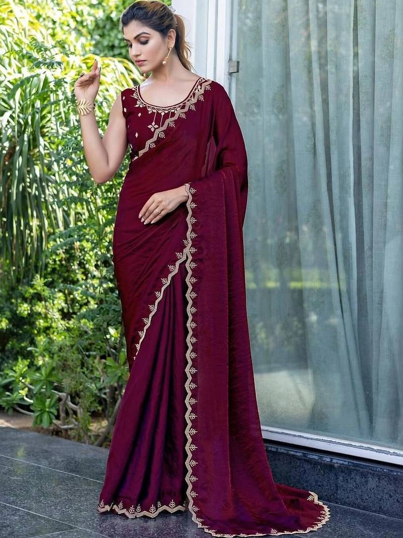 maroon woven design embroidered satin saree