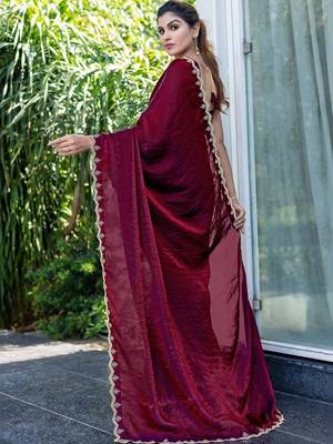 maroon woven design embroidered satin saree 2