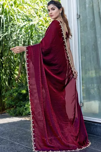 maroon woven design embroidered satin saree